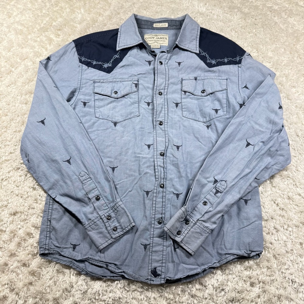 Cody James Authentic Western Apparel Shirt Boy's XL Bull Skull Barbed Wire Denim